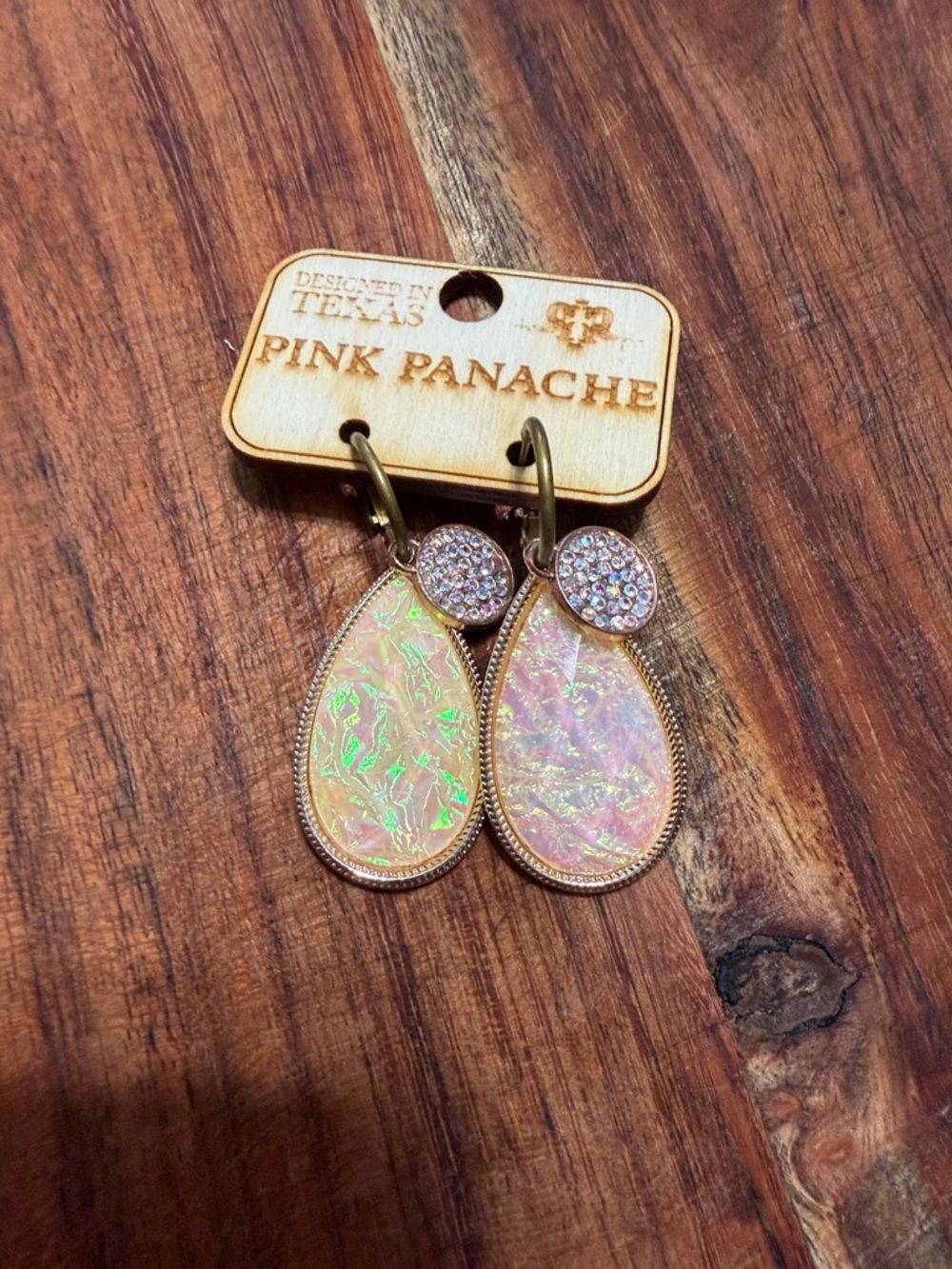 Panache Iridescent Pink Teardrop Dangle Earrings with Crystal Studs